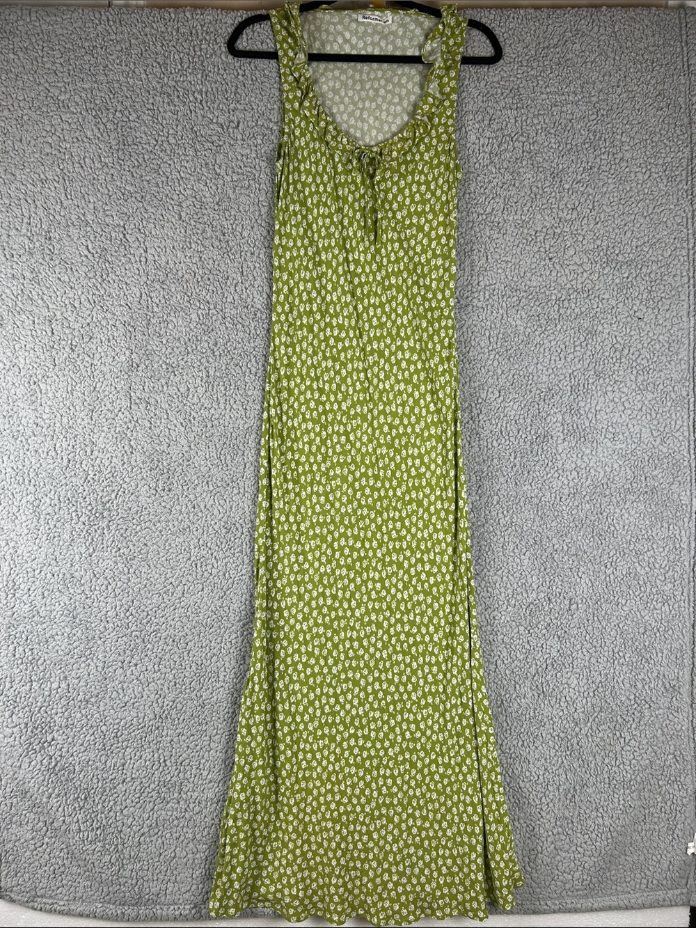 Reformation Sleeveless Ruffled Collar Green White Pull On Maxi Dress Size 6